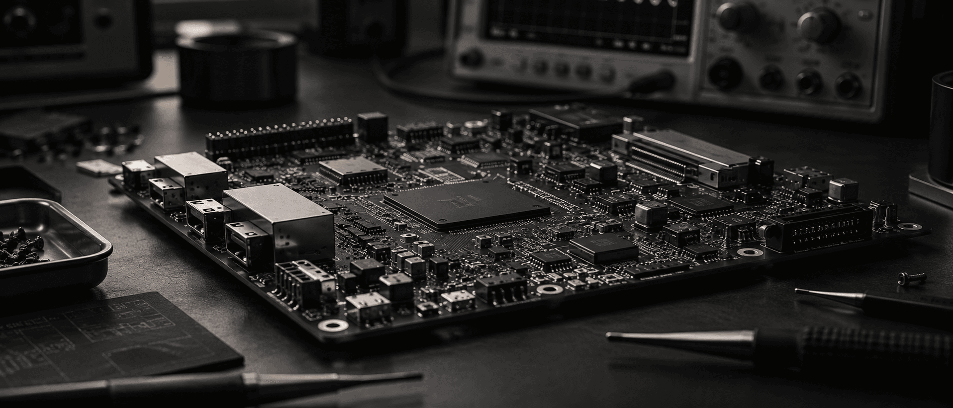 Embedded electronics prototype on a laboratory workbench